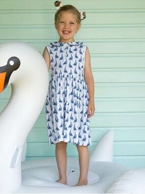 Rachel Riley White and Navy Sailboat Print Sleeveless Dress